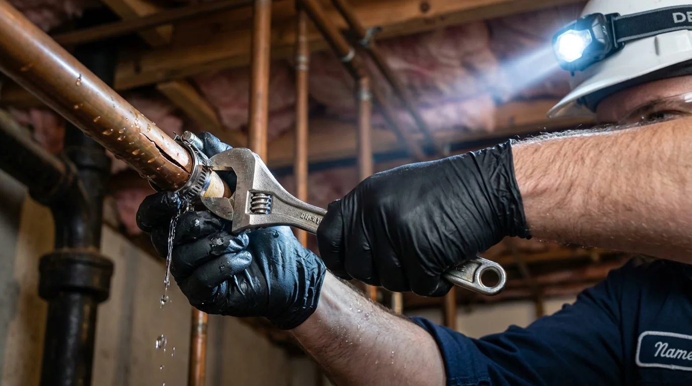 Emergency pipe clamp repair being performed by a Johns Plumbing LLC plumber in Jacksboro
