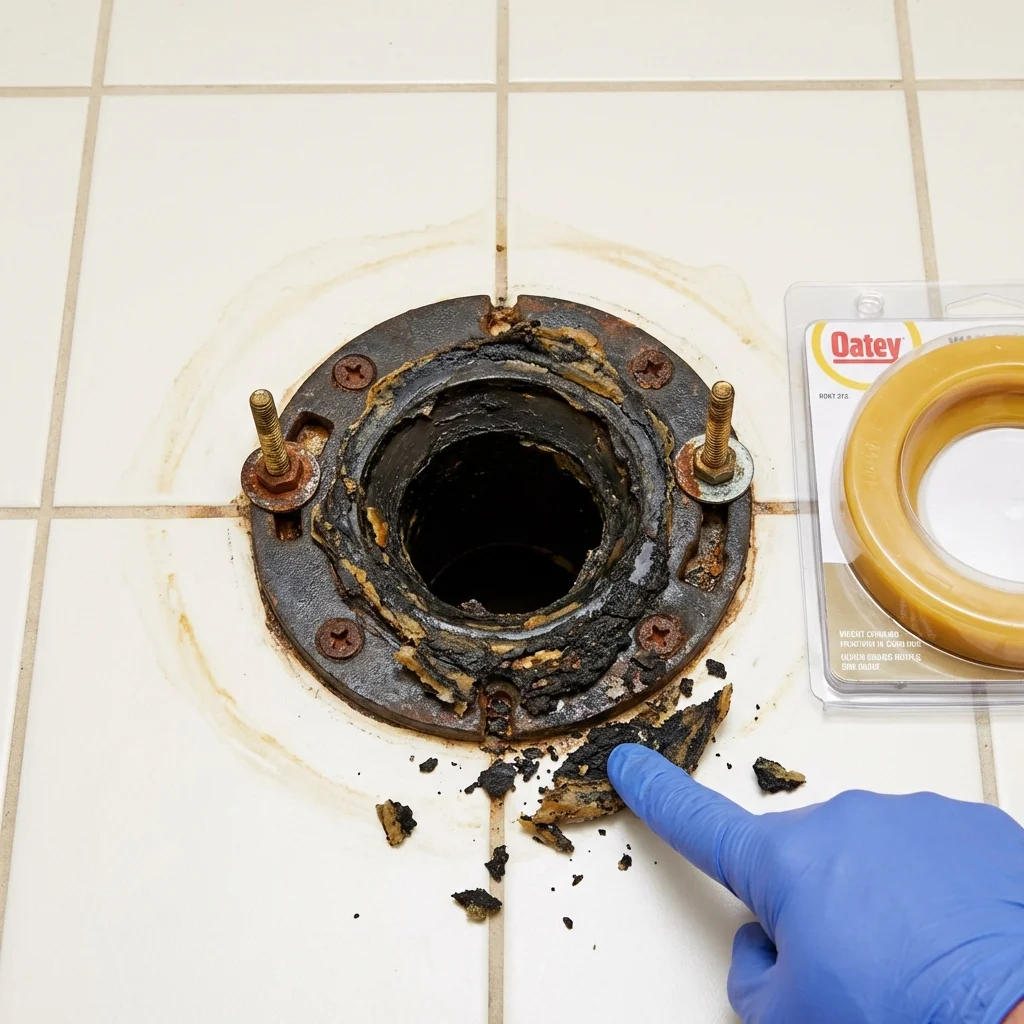 Failed wax ring showing water seepage at the base of a toilet in a Jacksboro, TN home