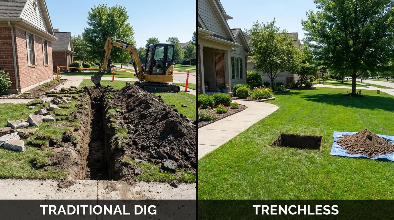 Trenchless sewer repair with minimal yard damage versus traditional excavation in Jacksboro, TN