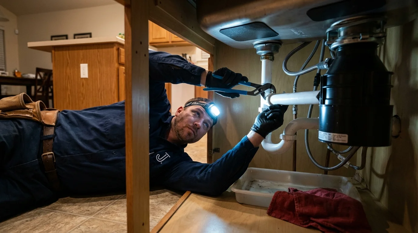 P-trap and supply line connections under a kitchen sink showing a common leak point in Jacksboro, TN